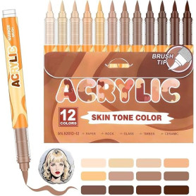 12 Feutre Acrylique Brush Marker – Set de 12 Marqueurs de Peinture Acrylique Skin Tone Color Series , Pointe Brush 0.5~5MM Pince