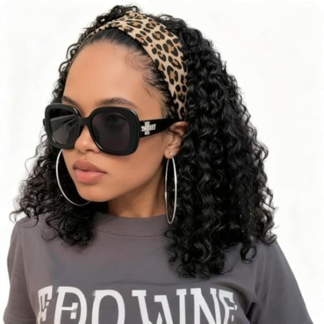 BECUS Perruque bandeau bouclée 12 pouces Noire Look naturel | Perruque avec bandeau facile à porter, pose rapide sans colle, lég