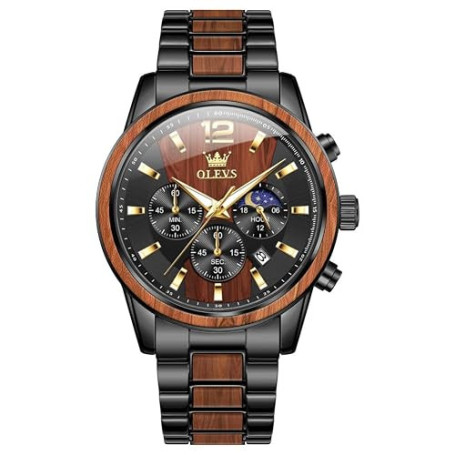 OLEVS Montre chronographe Homme à Quartz Japonais : Bracelet en Bois Massif ou Acier Inoxydable, étanche, Classique et élégante