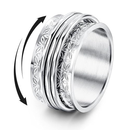 Roheafer Bague Anti Stress Rotative Acier Inoxydable–Spinner Fidget Ringe avec Motifs Lune & Étoiles, Fleur ou Sablé–Anxiete Cad