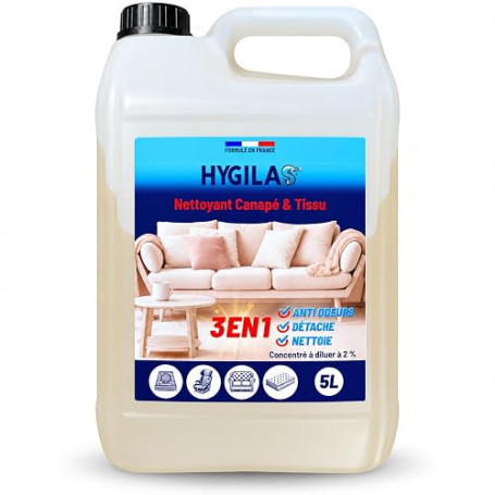 HYGILAS Nettoyant Canapé & Tissu, Professionnel 5L - Concentré à Diluer - Compatible Injection/Extraction & Shampouineuse - Mate