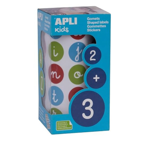 APLI Kids 102536 - Rouleau de gommettes alphabet minuscules, 900 stickers ø 20 mm multicolores, repositionnables pour apprentiss