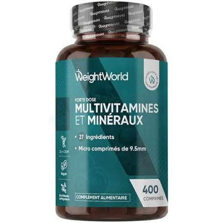 Multivitamines et Minéraux - 400 Micro-Comprimés Vegan (+ 1 An) - 27 Nutriments Essentiels Vitamines A B C D E K, Calcium, Magne