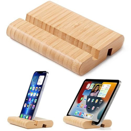 FadyDail Support Tablette Bureau en Bambou, Portable Porte Telephone en Bois Tablet Stand pour Tablette, iPhone, iPad Bureau et