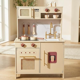 WOODENFUN Cuisine Jeu rétro crème Bois Micro-Ondes Four évier, Jeu de rôle 3 Ans(Jaune)
