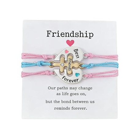 EQLEF Bracelet Meilleure Amie pour 3 Filles, Bracelets en Forme de Cœur Réglables Mignons et Colorés BFF Cadeaux avec Strass pou