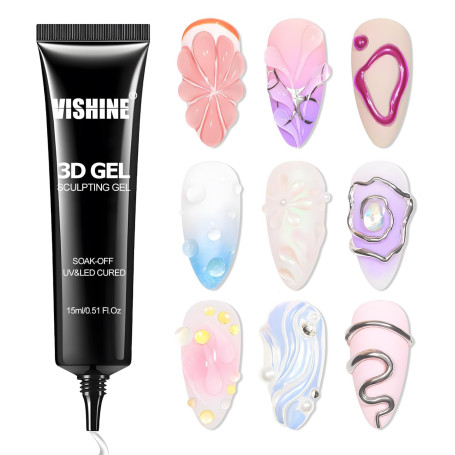Vishine 3D Nail Gel Nail Art – Gel Sculptant Transparent 15g No Wipe, pour Dessins, Moulages, Strass 3D, Sculptures et Décoratio