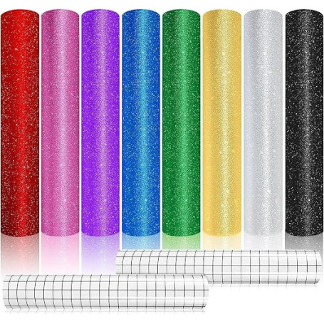 Lot de 8 feuilles de vinyle adhésives à paillettes avec 2 feuilles de transfert, 30,5 x 30,5 cm en vinyle permanent pour la plup