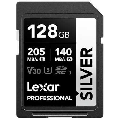 Lexar Silver Carte SD 128Go, UHS-I Carte SDXC Jusqu'à 205 Mo/s en Lecture, 140 Mo/s en écriture, V30, 4K UHD Video, U3, Classe 1