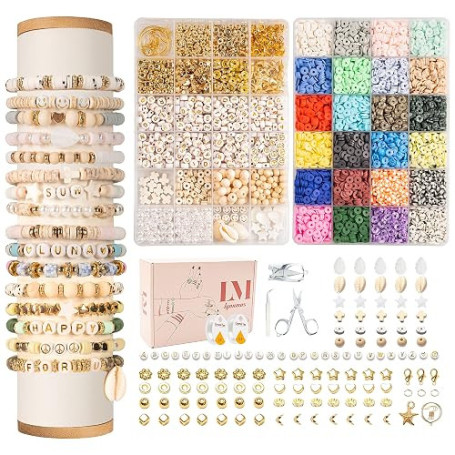 Lynnmos Perles pour bracelet, Kit 8000+ pièces, Perles heishi plates 6mm, 2 boîtes lettres DIY, Création bijoux bracelets collie