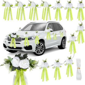 Deco Voiture Mariage, 13pcs Noeud Voiture Mariage Capot Porte Rétroviseur | Fleurs Artificielles Équipées de Ventouses, Idéales