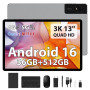 FLYCOAY Android 16 Tablette 13 Pouces, 36Go+512Go/TF 2TB, Octa-Core ave 2944 * 1840 FHD, Dual SIM 4G LTE/5G WiFi, 11580mAh, 4-Sp