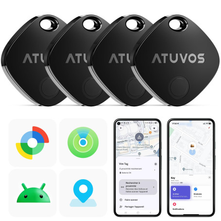 ATUVOS Traceur Android Air Tag Lot de 4 | Smart Tag, Fonctionne avec l'app Google et Apple Localiser, Localisateurs Bluetooth po
