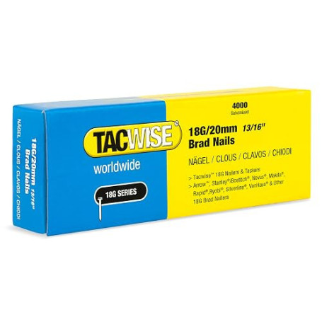 Tacwise 1709 Clous de Finition Brad Galvanisés 18G / 20 mm, Lot de 4000 | Calibre 18, Grande Force de Maintien