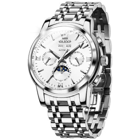 OLEVS Hommes Montre Automatique Auto - Enroulement Phase De Lune Calendrier Hommes Squelette Montre en Acier Inoxydable Luxe Mon