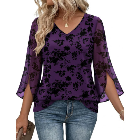 Hotouch Chemisier Femme Manches 3/4 Elegant Fluide Double épaisseur Tunique | col en V Mousseline Blouse Haut| Floral/Unie/Paill