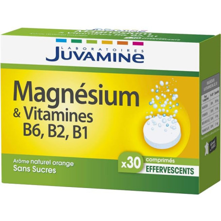 JUVAMINE Magnésium + 3 Vitamines B - Anti-Fatigue, Immunité - 30 Cpr Eff | Vitamines B1, B2, B6, Equilibre nerveux, Tonus, Sans