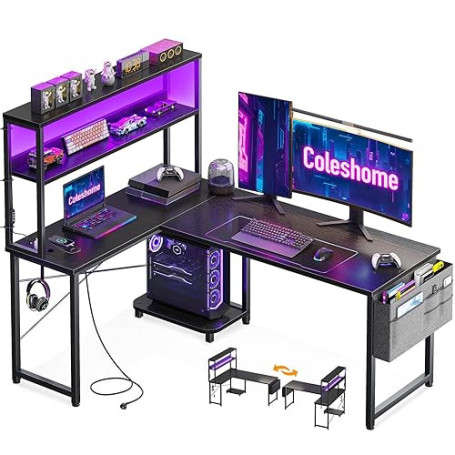 Coleshome Bureau Gaming Angle avec LED et Prises,135x100cm, Noir | Bureau Gaming en L avec LED RGB, étagère réglable, prises USB