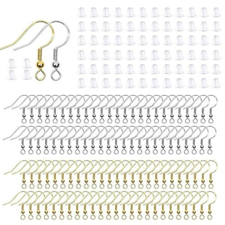 PLABBDPL 200 Pièces Crochets de Boucle d'oreille Or Agrent terne en Acier Inoxydable, Fil d'oreille Crochets avec Boule Ressort