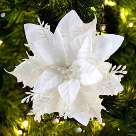 GL-Turelfies Lot de 12 fleurs artificielles - Poinsettia (Étoiles de Noël) pour décoration de sapin de Noël avec paillettes - 15