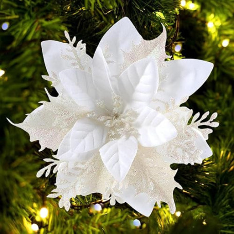 GL-Turelfies Lot de 12 fleurs artificielles - Poinsettia (Étoiles de Noël) pour décoration de sapin de Noël avec paillettes - 15