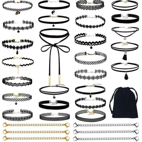 Kiszu Ensemble de colliers ras-du-cou noirs classiques en velours gothique avec pendentif punk pour femmes et filles avec sac de