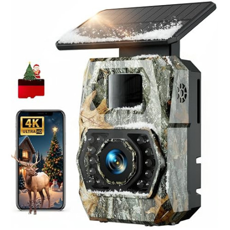 Caméra de Chasse Solaire, 60MP 4K WiFi Camera Chasse avec 5200mAh Batterie Rechargeable, 850nm LED Camera Infrarouge Vision Noct