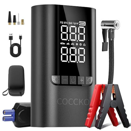 Booster Batterie Voiture avec Gonfleur,COCCKO 150PSI Demarreur Batterie Voiture avec Compresseur d'air Portable, (B-10000mAh)