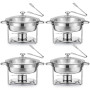 WILPREP Lot de 4 Buffets Chauffants Ronds Chafing Dish Rond 5,5L Chauffe Plat à Combustible en Acier Inoxydable Alimentaire avec