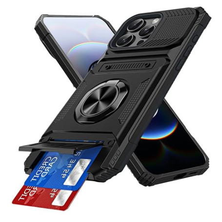 IMEIKONST Coque pour iPhone 16 Pro 6.1 Pouces avec Porte Carte Noir TCKB | Anneau Magnétique Béquille, Protection Caméra, Silico