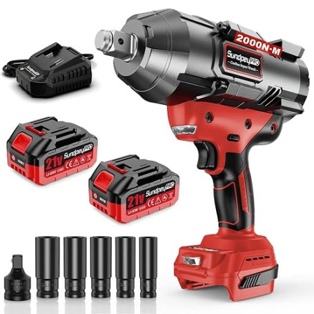 SundpeyPRO 2000Nm Clé à Choc Sans Fil 3/4" 21V avec 2 Batteries 4.0Ah et Chargeur Rapide, Clé à Impact Haute Puissance avec 5 Do