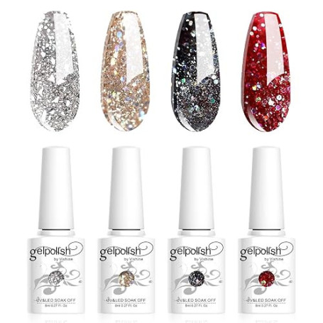 Vishine Vernis Gels Semi-Permanents, Lot de 4 Couleurs Pailleté Or Argent Rouge Noir Collection Nail Art Vernis à Ongles UV LED