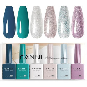 CANNI Vernis Gel Semi Permanent 6 Couleurs Pailleté 9ml | Pailleté Sarcelle Vert Bleu Gris Rose Violet UV LED Soak Off Gel Nail
