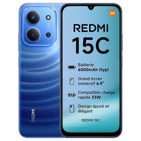 XIAOMI REDMI 15C Smartphone 4+256 Go Écran 6,9 Pouces 120Hz - Bleu | Épaisseur 7,99 mm, batterie 6000 mAh, MediaTek Helio G81-Ul