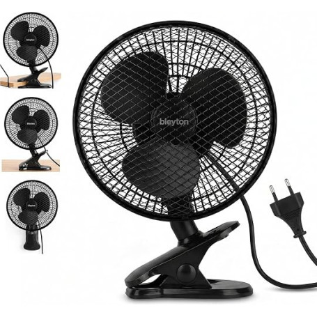 BLEYTON Mini ventilateur de bureau, pince, mur et sur table 20 W Noir | Mini ventilateur clip électrique puissant et silencieux,