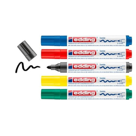 Edding 4500 Marqueur pour textiles - noir, rouge, bleu, vert, jaune - 5 pièces - pointe ronde de 2-3 mm - feutre textile lavable