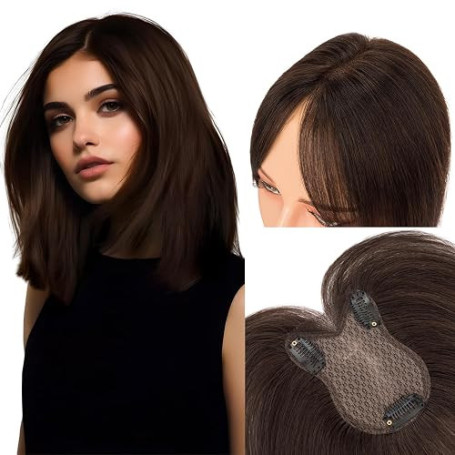 MY-LADY Topper Cheveux Humain Femme, Marron Foncé Volumateur Capillaire Naturel Fin Pour Femme Fille 21g Extension à Clip Cheveu
