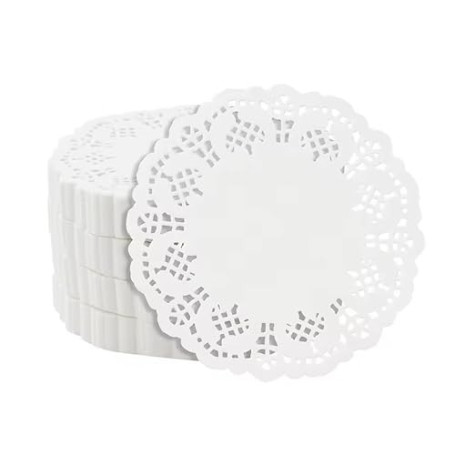 AOEVUIR 100 pcs Sets de table ronds en papier papier dentelle blanc rond pour mariages anniversaires, gâteaux desserts couverts