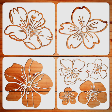 ORIGACH 4 pochoirs de Fleurs de Cerisier - 30 cm Grand Modèle de Dessin de Pochoir de Fleur pour la Peinture Sur Bois, Toile, Mu