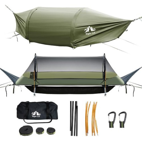 Night Cat Hamac Tente Suspendue: Fond Plat Camping Hamac pour 1 Personne | avec Moustiquaire et Bâche - Imperméable PU3000 - ave
