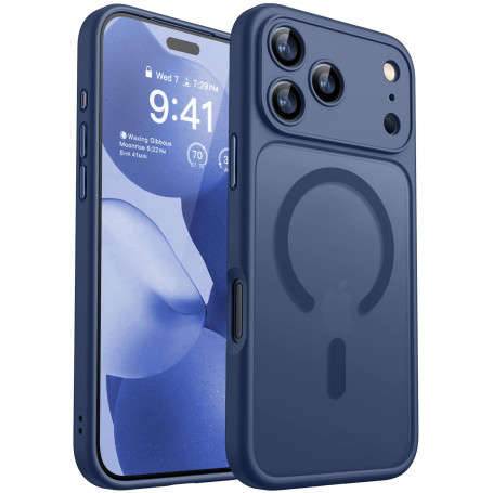 CANSHN Coque Magnétique pour iPhone 17 Pro, Bleu Foncé | Protection Complète de l'appareil Photo, Housse Fond Mat Translucide