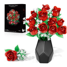 Fleurs Briques De Construction, Bouquet De Fleurs pour Adultes, Kit De Jeu De Construction 11 Roses Artificielles, 459 Pièces, C