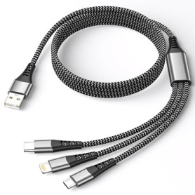 3 en 1 Câble Multi USB, Cable Chargeur Multi Embout 1.2M Nylon Tressé Cable Universel avec Micro USB Type C Lightning Connecteur