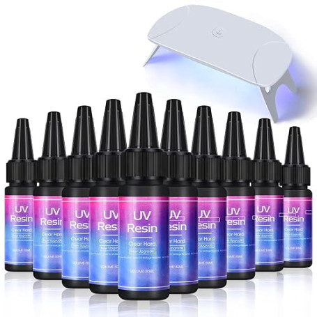 10pcs UV Résine Super Rapide Durcissement Cristal Haute Transparence + Mini Lampe UV Pliable Artisanat DIY Fabrication de Bijoux