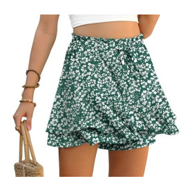 PrinStory Short d'été pour femme - Taille haute - Volants - Pantalon court pour loisirs - Jambes larges - Jupe courte - Plage -