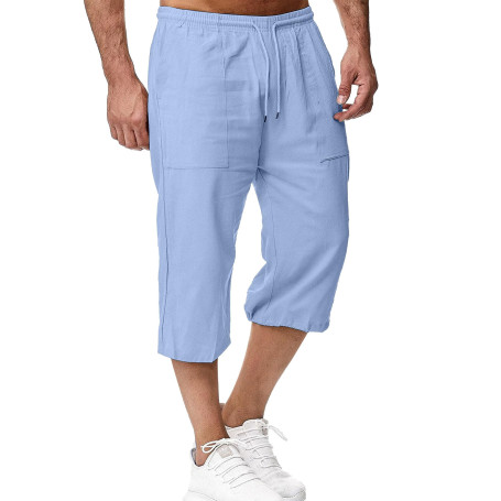 LVCBL Short en Lin pour Homme, Longueur 3/4, Pantalon d'été, pour la Plage, Le Yoga, Le Jogging, Décontracté