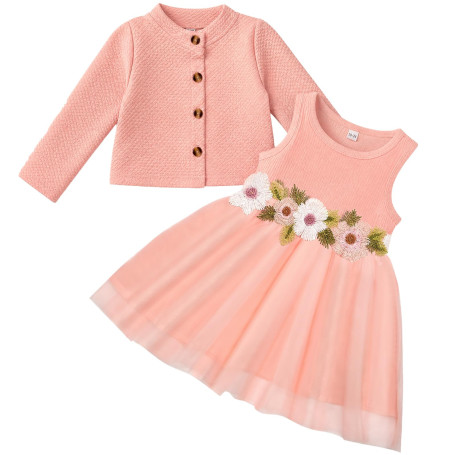 Vicloon Ensemble Robe et Cardigan pour Bébé Fille, 2 Pièces Robe sans Manches à Imprimé Floral et Manteau à Manches Longues pour