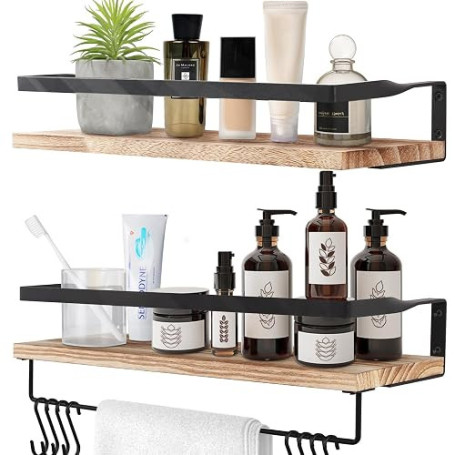Uten Lot de 2 Étagères Murales en Bois, Design Moderne, avec Porte-Serviettes et Crochets, Rustiques, pour Cuisine, Salle de Bai