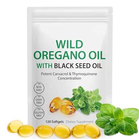 Huile d'origan avec huile de nigelle, 120 gélules molles – 2 en 1 6000 mg d'huile d'origan, 300 mg de complément aux herbes d'or