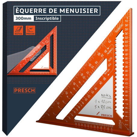 Presch Équerre de menuisier 300mm - Surface innovante effaçable - Aluminium fraisé de haute précision pour des angles de 90° tou